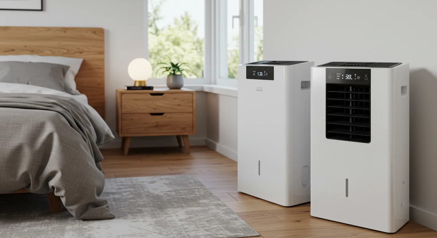  Two white, modern dehumidifiers stand side-by-side on a wooden floor in a bedroom. The one on the right has a black front grille and a digital display showing "39." The one on the left has a smaller display. Both units have a water level window at the bottom. A bed with a wooden headboard, a nightstand with a lamp, and a window with green foliage outside are visible in the background.