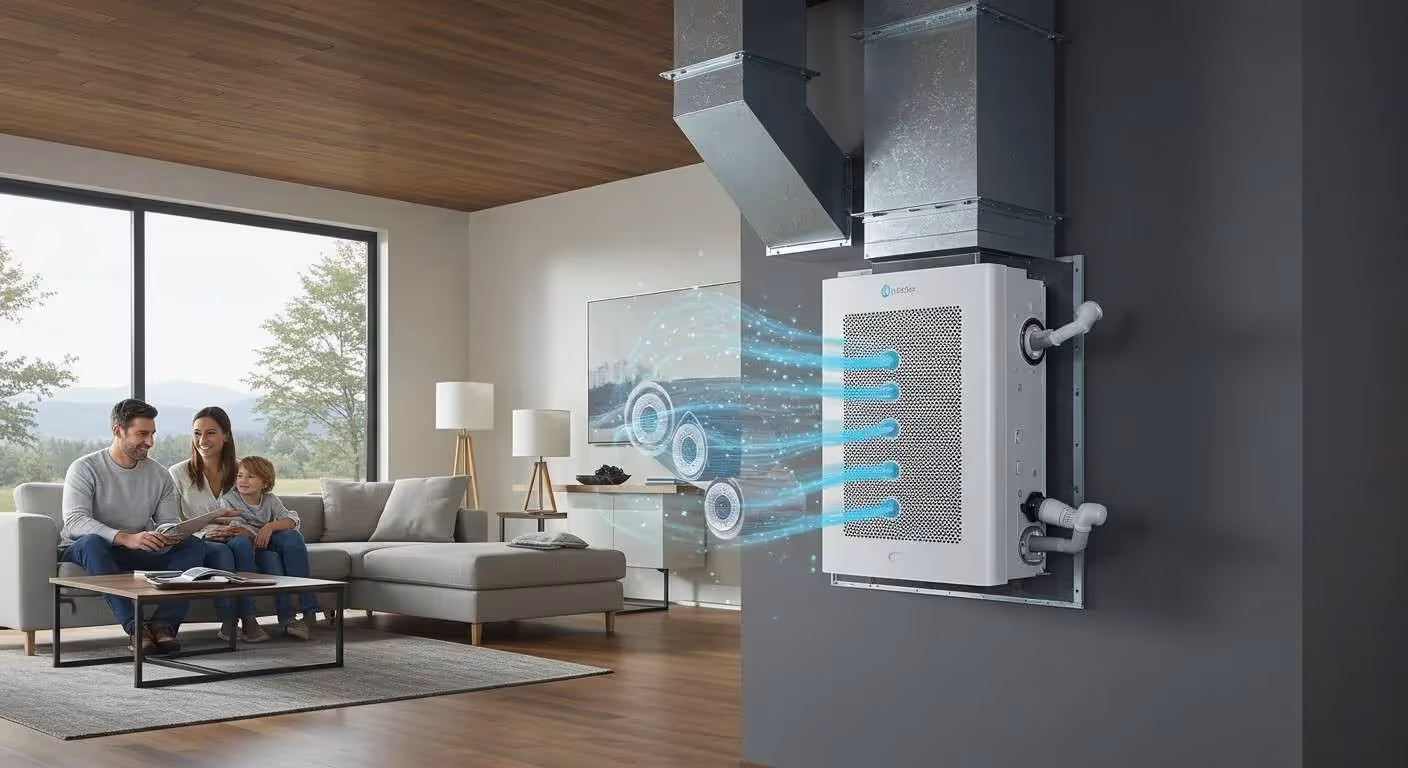  A digitally enhanced image shows a family sitting on a couch in a living room, with a whole-home air purification system mounted on the wall. The system is connected to a large HVAC duct that runs down from the ceiling. Glowing blue lines and circles emanate from the unit, representing clean, purified air flowing into the room. The family consists of a man, a woman, and a young child, who are smiling and looking at a tablet. The living room has a large window with a view of a mountain landscape.