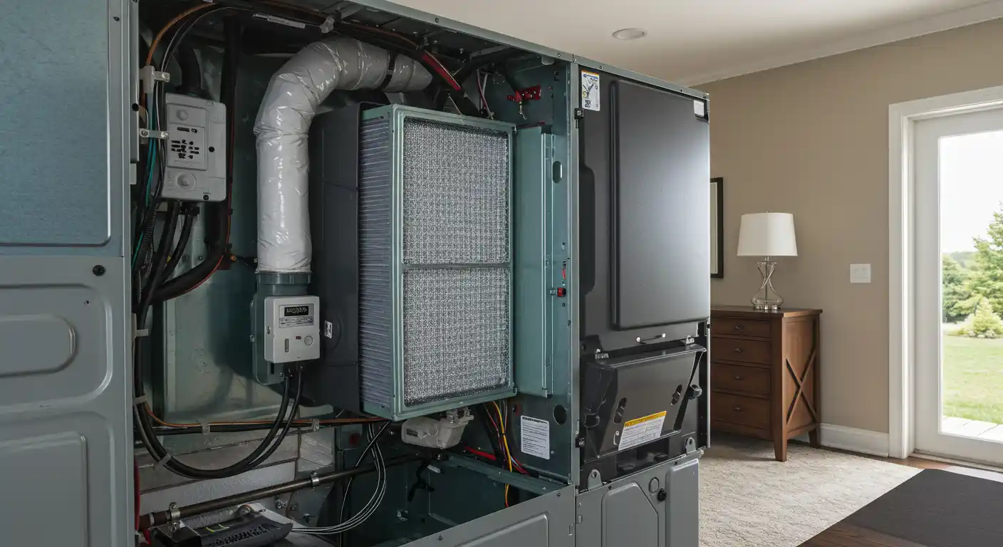  A large, complex whole-home HVAC unit is shown with its outer panel removed, revealing the intricate internal components. 