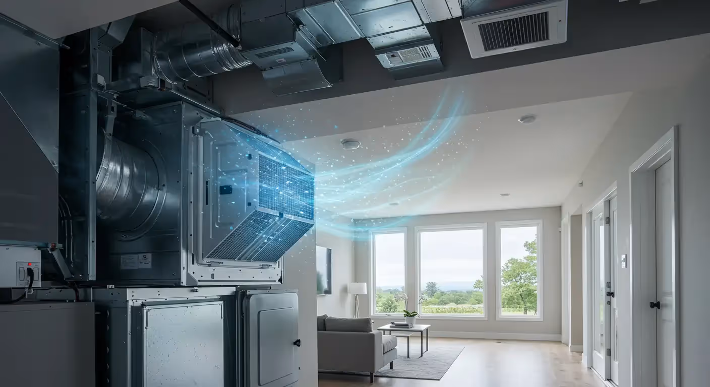  A large, industrial-style HVAC (Heating, Ventilation, and Air Conditioning) unit is shown in a modern home. The image is digitally enhanced with glowing blue light and particles flowing from the unit into the room, representing clean air. The unit is connected to a network of metal ducts that run along the ceiling. In the background, a bright living room with large windows is visible.