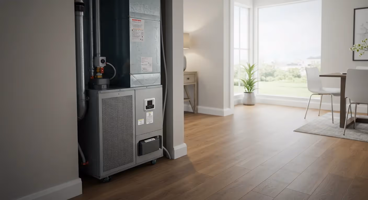  A large, industrial-style whole-home air purification unit is shown in a residential setting. The gray metal unit is positioned in an alcove, with large ducts running vertically next to it. It has various labels and a small control panel.