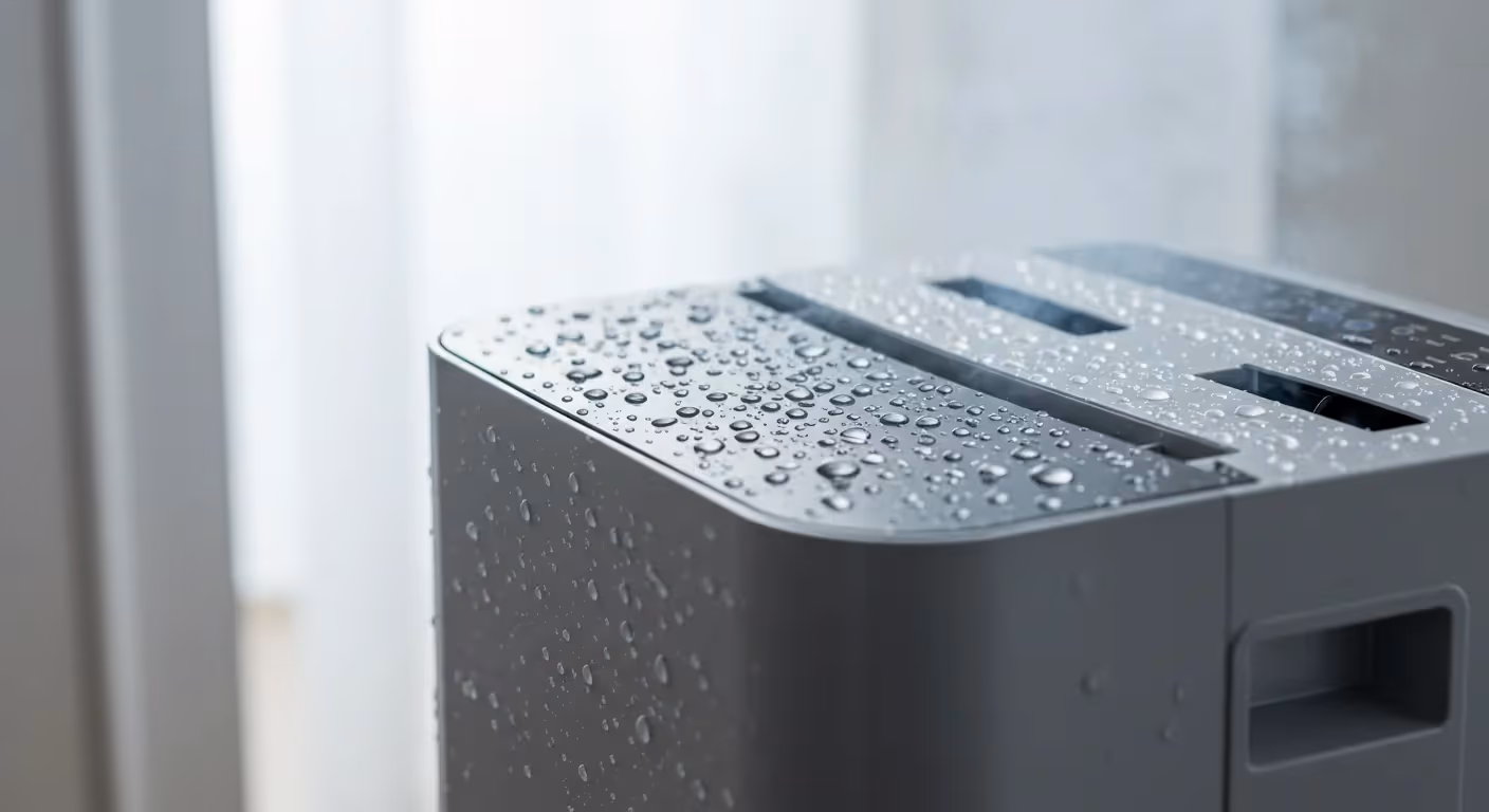  A close-up shot of the top of a gray dehumidifier unit, covered in small beads of water. The top surface is wet, and the water droplets are glistening. In the blurred background, a window with a sheer white curtain is visible.