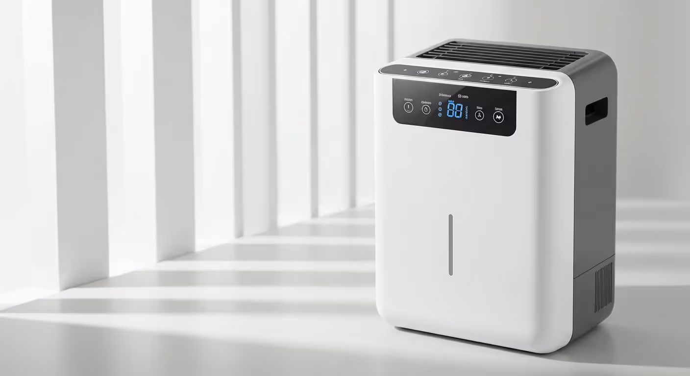 A sleek, modern white and gray dehumidifier stands on a clean, light-colored floor. The unit has a digital display showing "88" with various icons and buttons, and a water level window is visible on the front panel. 