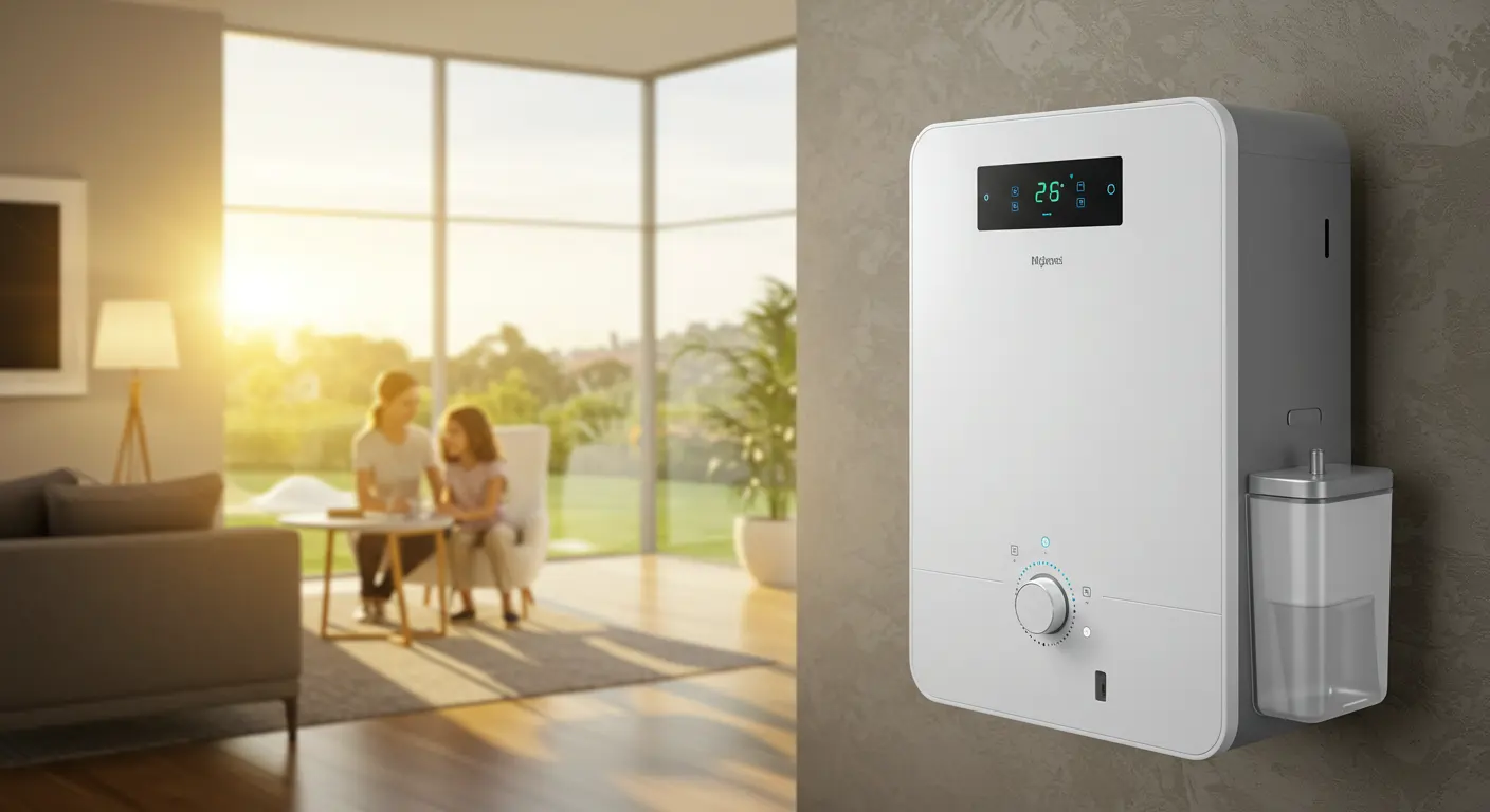 A wall-mounted, white whole-home humidifier is shown with a digital display and a clear water tank attached to the side. The display shows "26." The unit is installed on a gray wall. The background is a blurred living room with a woman and a child sitting on a couch, bathed in the golden light of the setting sun streaming through a large window.