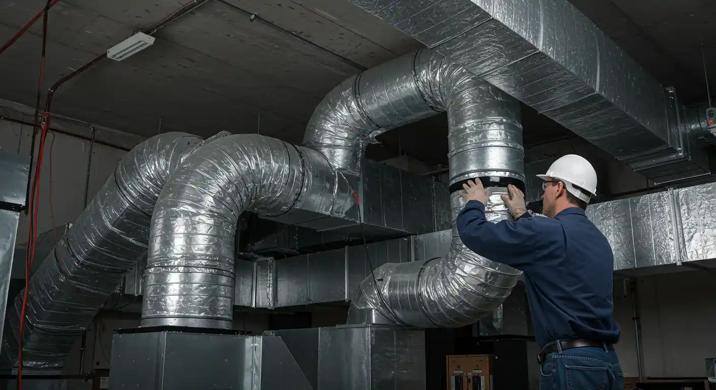 A male technician wearing a hard hat and gloves works on a complex system of large, insulated air ducts on the ceiling of a mechanical room. He is reaching up to adjust a connection point on the ductwork.