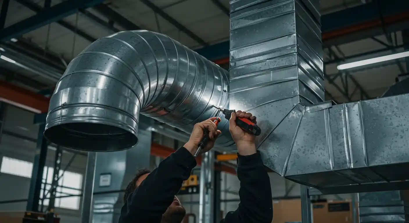 A close-up shot of a professional using a drill to attach a curved, corrugated duct to a rectangular metal duct in a large industrial building. The background is a factory or warehouse setting.