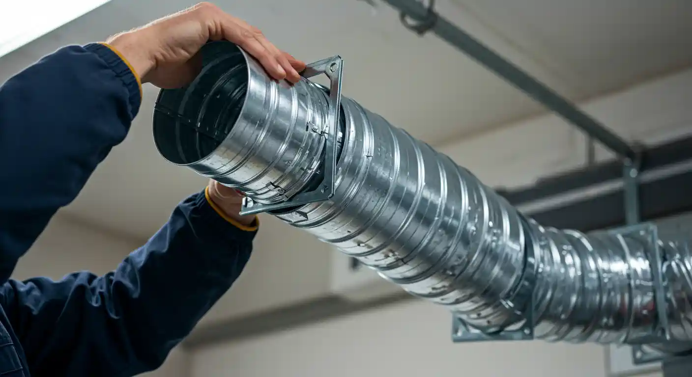 A person wearing a dark blue work shirt is using both hands to connect two sections of a silver, corrugated metal duct. The duct is suspended from the ceiling by metal brackets. The two pieces are being joined together using a square metal flange and screws. The background is a simple, indoor space with other ductwork and metal supports visible on the ceiling.