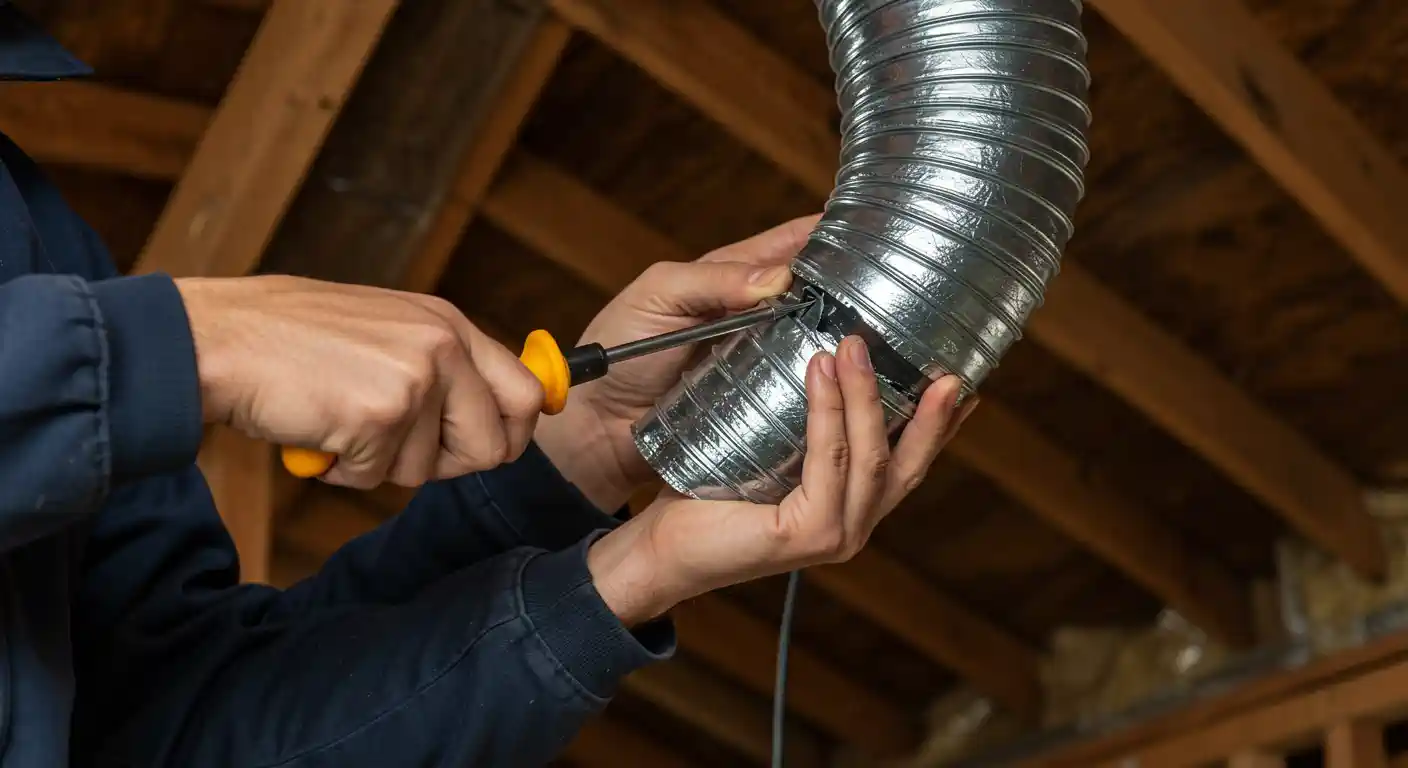  A close-up of a technician's hands using a screwdriver to tighten a clamp on a flexible, corrugated metal air duct in an unfinished attic or ceiling. The wooden beams of the roof are visible in the background.
