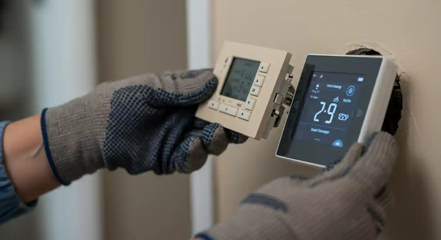  A person wearing gray work gloves is in the process of replacing a wall-mounted thermostat. They hold the old, cream-colored thermostat with a small digital screen and physical buttons in their left hand
