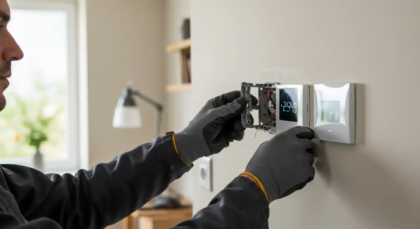 A close-up side view shows a technician wearing gray work gloves installing a new white smart thermostat on a beige wall. The technician is connecting the wires to the back of the digital display unit, which is already showing a temperature reading of 29 degrees Celsius. The thermostat's mounting plate is visible, and the technician's face is partially shown in profile as they focus on the task.