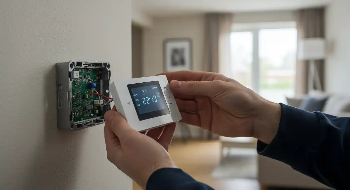 A pair of hands is installing a new white smart thermostat. The user holds the main display unit, with a black screen showing the time as 22:13 and other setting