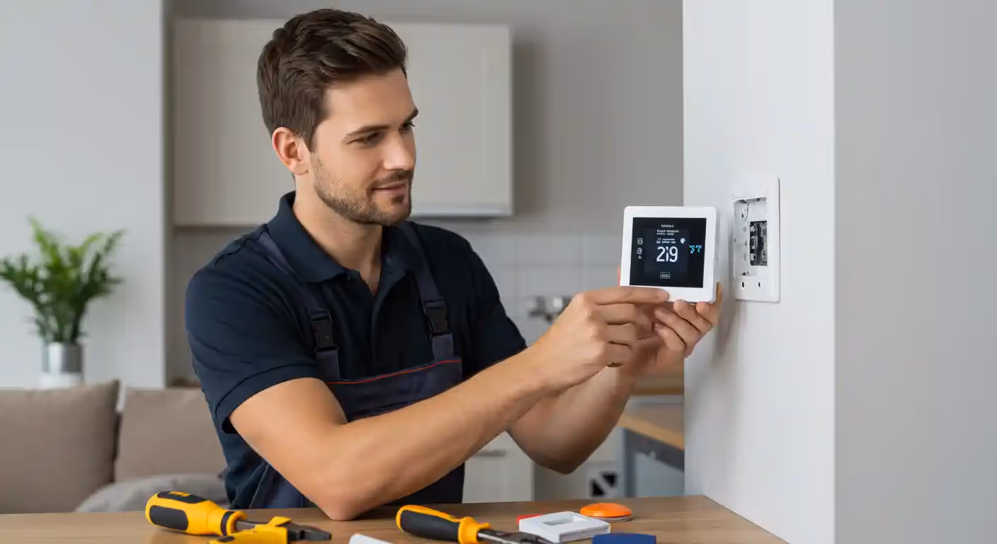  A friendly, smiling male technician in a dark blue polo shirt and overalls is installing a white smart thermostat on a wall. He points to the digital screen of the new device, which shows a temperature of 29 degrees, while his other hand holds the unit in place. On the wooden table in front of him are various tools, including screwdrivers, indicating the ongoing installation. The background is a modern, bright kitchen or living space.
