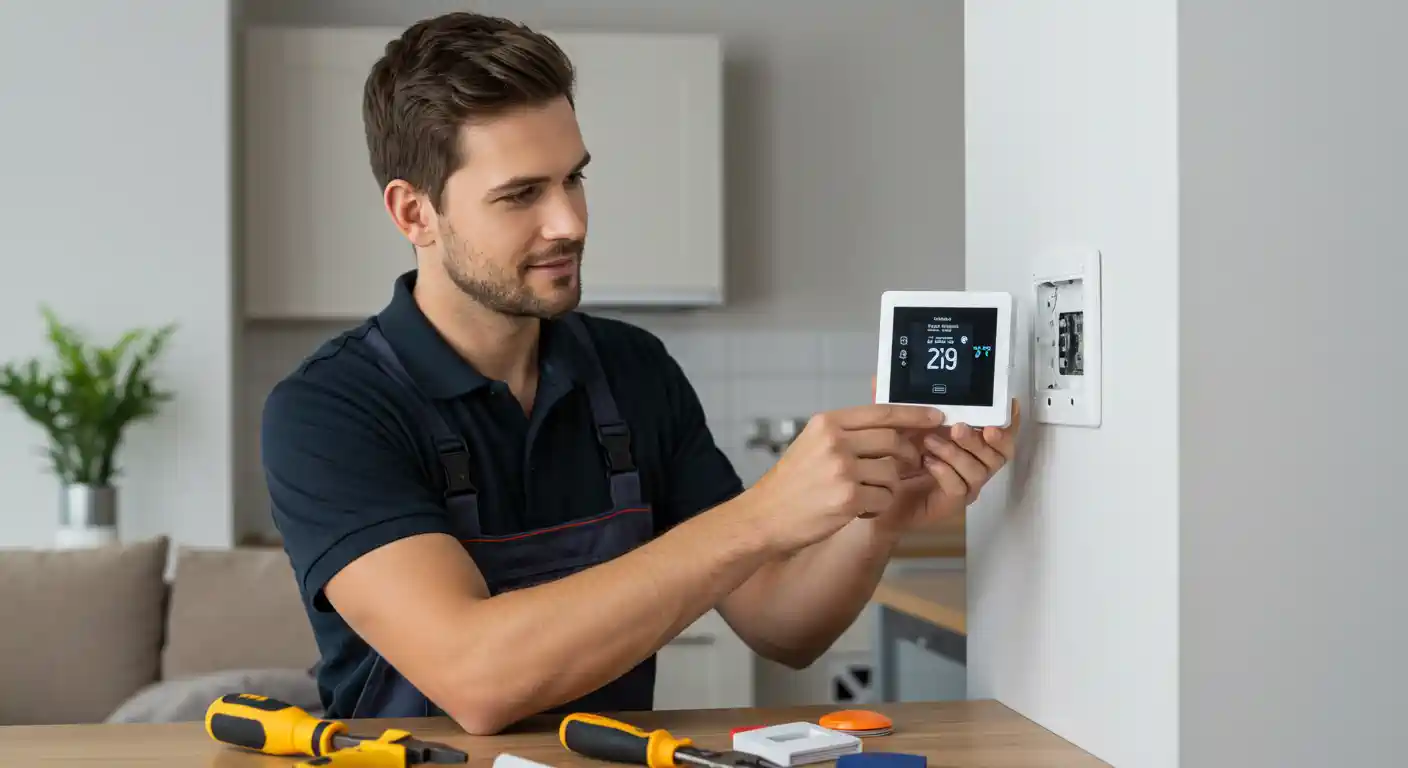 A friendly, smiling male technician in a dark blue polo shirt and overalls is installing a white smart thermostat on a wall. He points to the digital screen of the new device, which shows a temperature of 29 degrees, while his other hand holds the unit in place. On the wooden table in front of him are various tools, including screwdrivers, indicating the ongoing installation. The background is a modern, bright kitchen or living space.