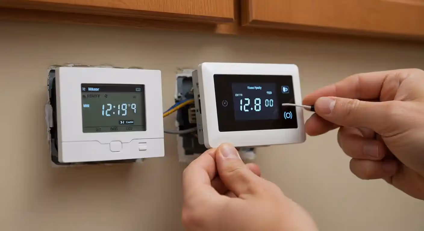  A close-up shot from the front shows a pair of hands replacing a white, modern digital thermostat on a light beige wall beneath a wood cabinet. The person is holding a new, white thermostat with a black screen in their right hand