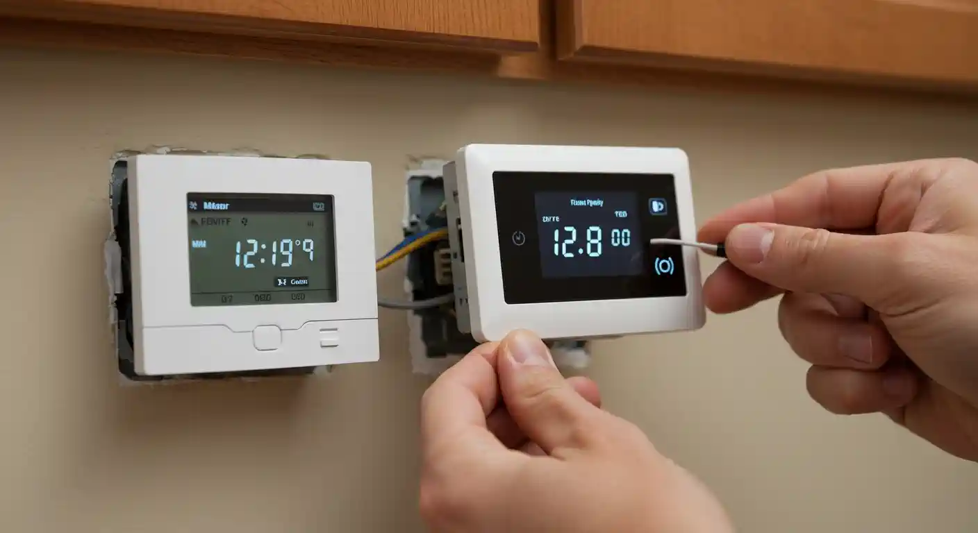 A close-up shot from the front shows a pair of hands replacing a white, modern digital thermostat on a light beige wall beneath a wood cabinet. The person is holding a new, white thermostat with a black screen in their right hand