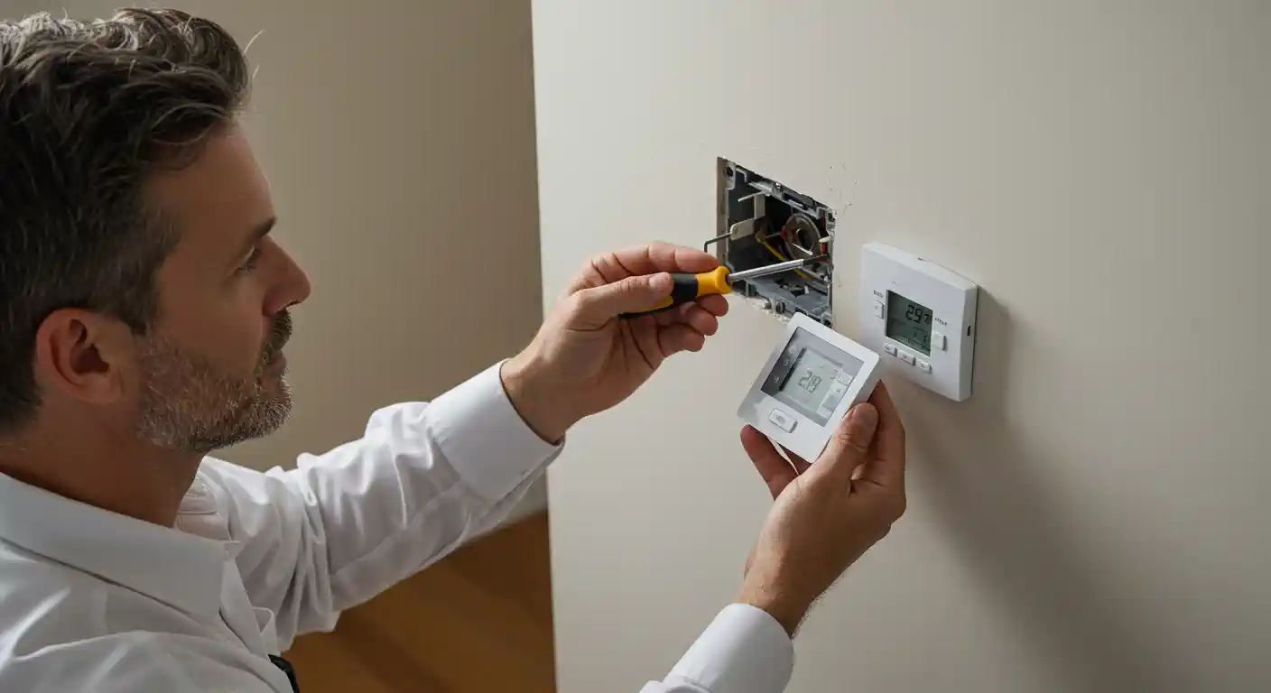  A male technician with a beard, wearing a white shirt and dark overalls, is installing a new white smart thermostat. 