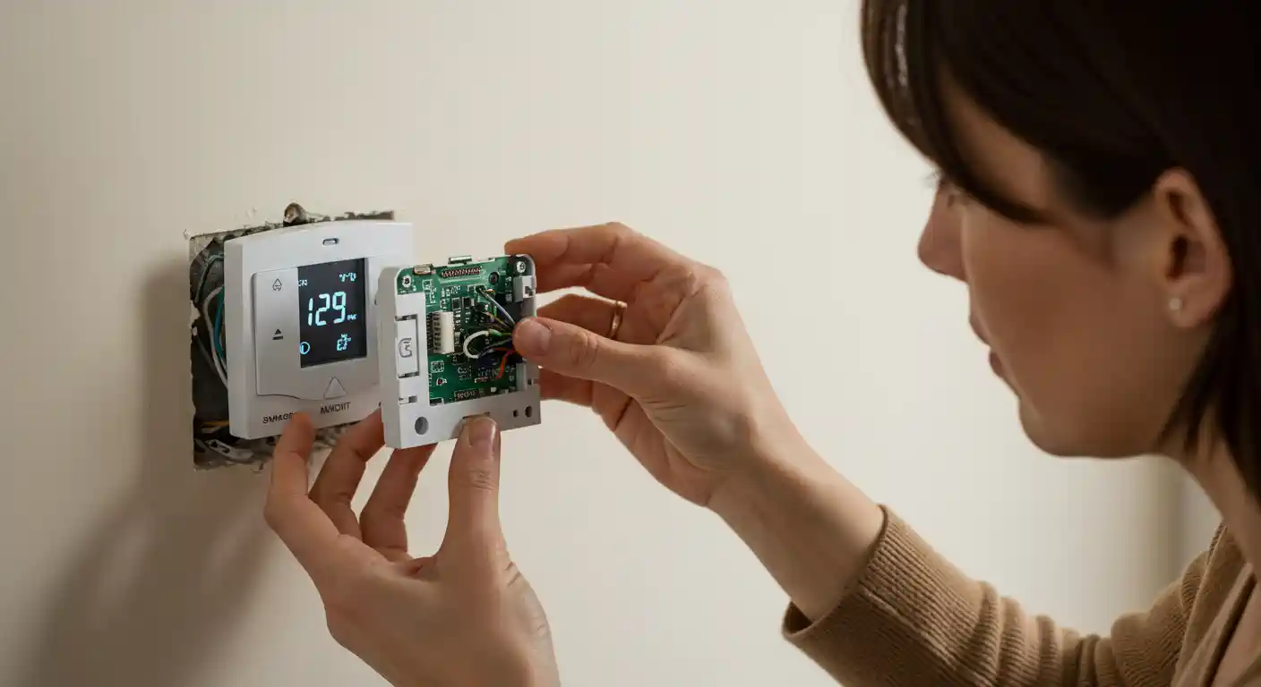  A woman with brown hair is installing a white smart thermostat. She holds the new unit, with its green circuit board visible on the back, in her hands as she connects it to the wiring in the wall. An older, white thermostat is already mounted on the wall to the left of the new one, showing a temperature of 29 degrees and other icons. The woman is focused on the task, and the image is a close-up of her hands and the thermostats against a light-colored wall.