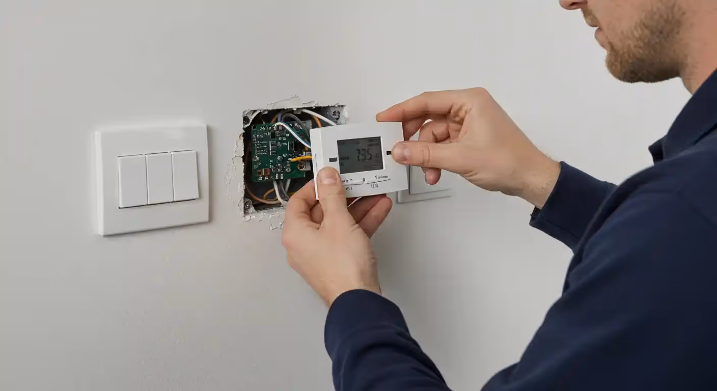  A close-up of a person's hands installing a white smart thermostat on a wall. The person holds the new thermostat, which has a small screen displaying the temperature "23.5,"