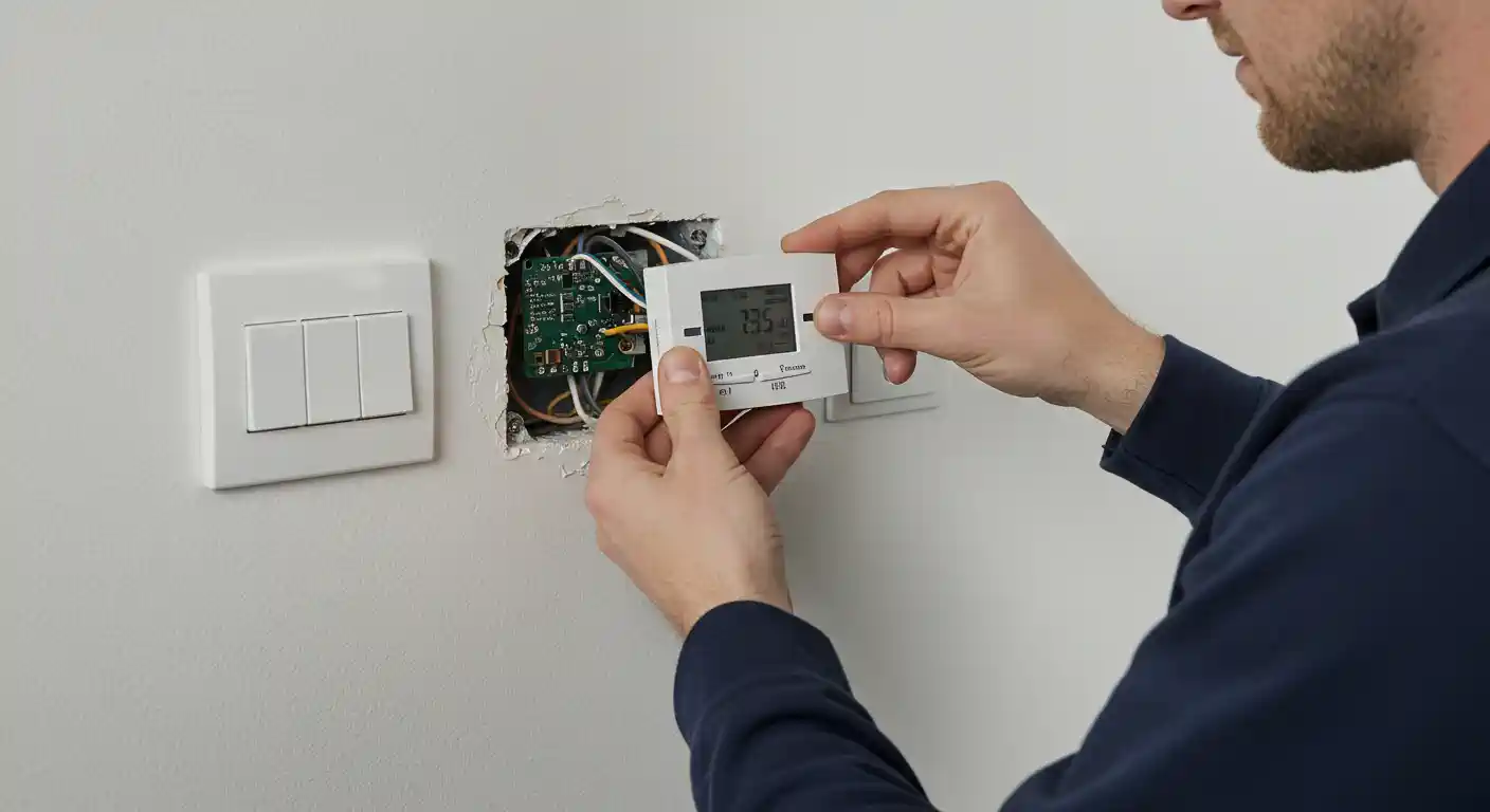 A close-up of a person's hands installing a white smart thermostat on a wall. The person holds the new thermostat, which has a small screen displaying the temperature "23.5,"