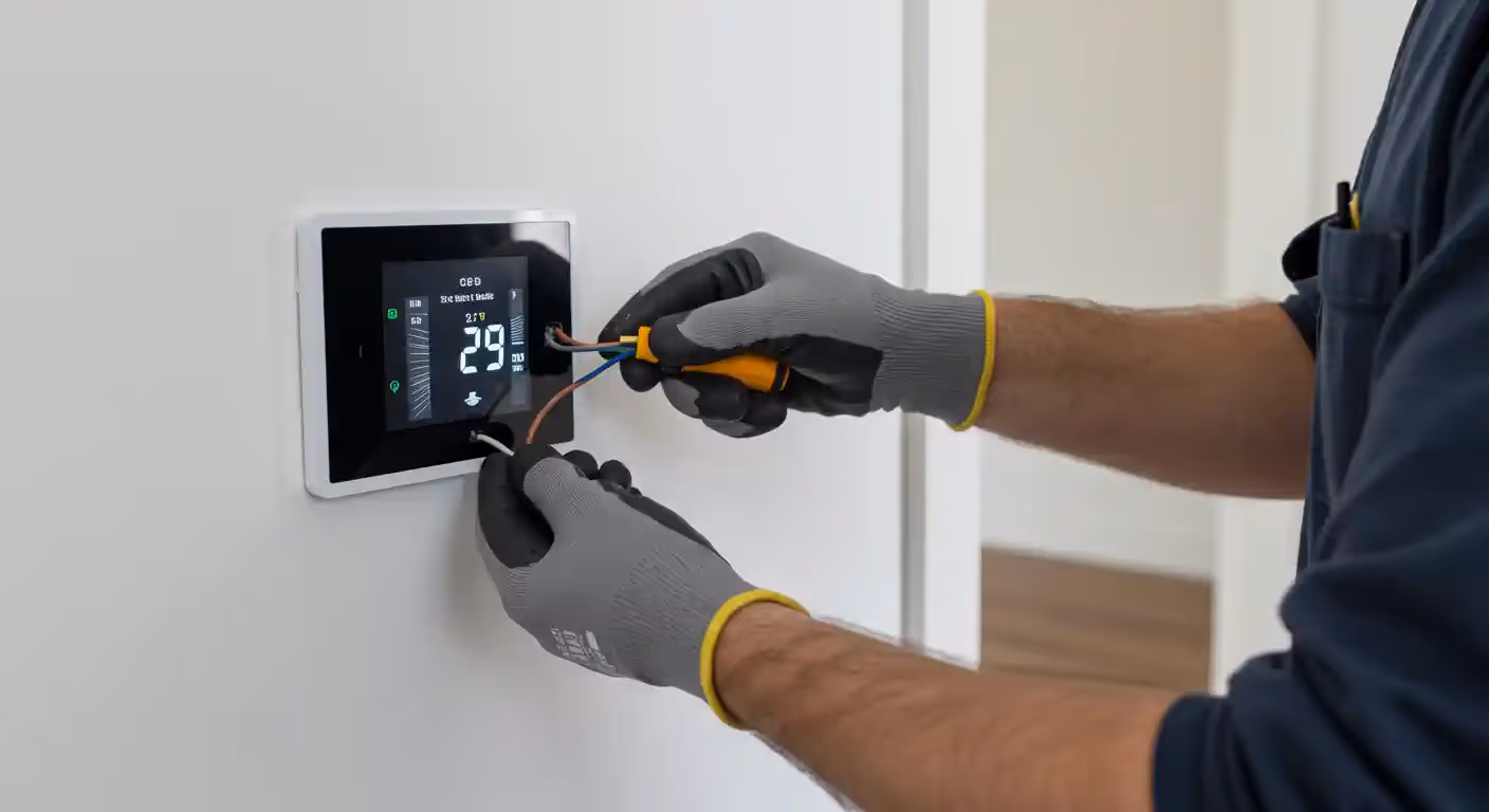  A pair of gloved hands is installing a white smart thermostat with a black digital screen on a white wall. The person is using a yellow and black screwdriver to secure a yellow and blue wire to the back of the thermostat, while holding a white wire in their other hand. The thermostat's screen is on, displaying a temperature of 29 degrees and a variety of digital icons. The technician's dark blue uniform is visible in the background.