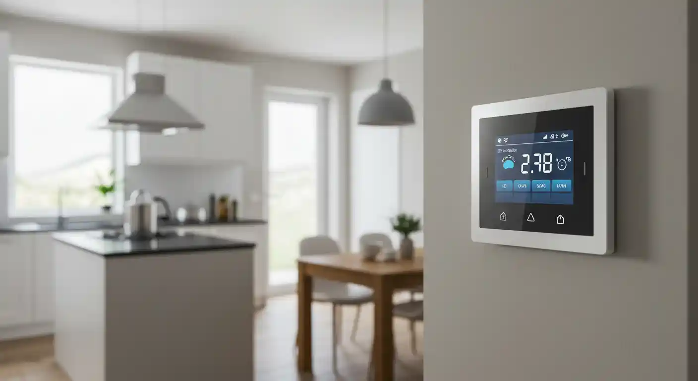  A side-view, eye-level shot shows a modern, black and white smart thermostat mounted on a light gray wall. The thermostat has a touchscreen display that shows the time "2:38" and the temperature "18°C". The screen also displays a weather icon and several buttons with text labels. The background is a blurred, bright, and modern kitchen with white cabinets, a kitchen island, and a dining table with chairs. Two pendant lights hang over the island and table. The focus is sharp on the thermostat, with the rest of the image softly blurred to emphasize the device and its setting.