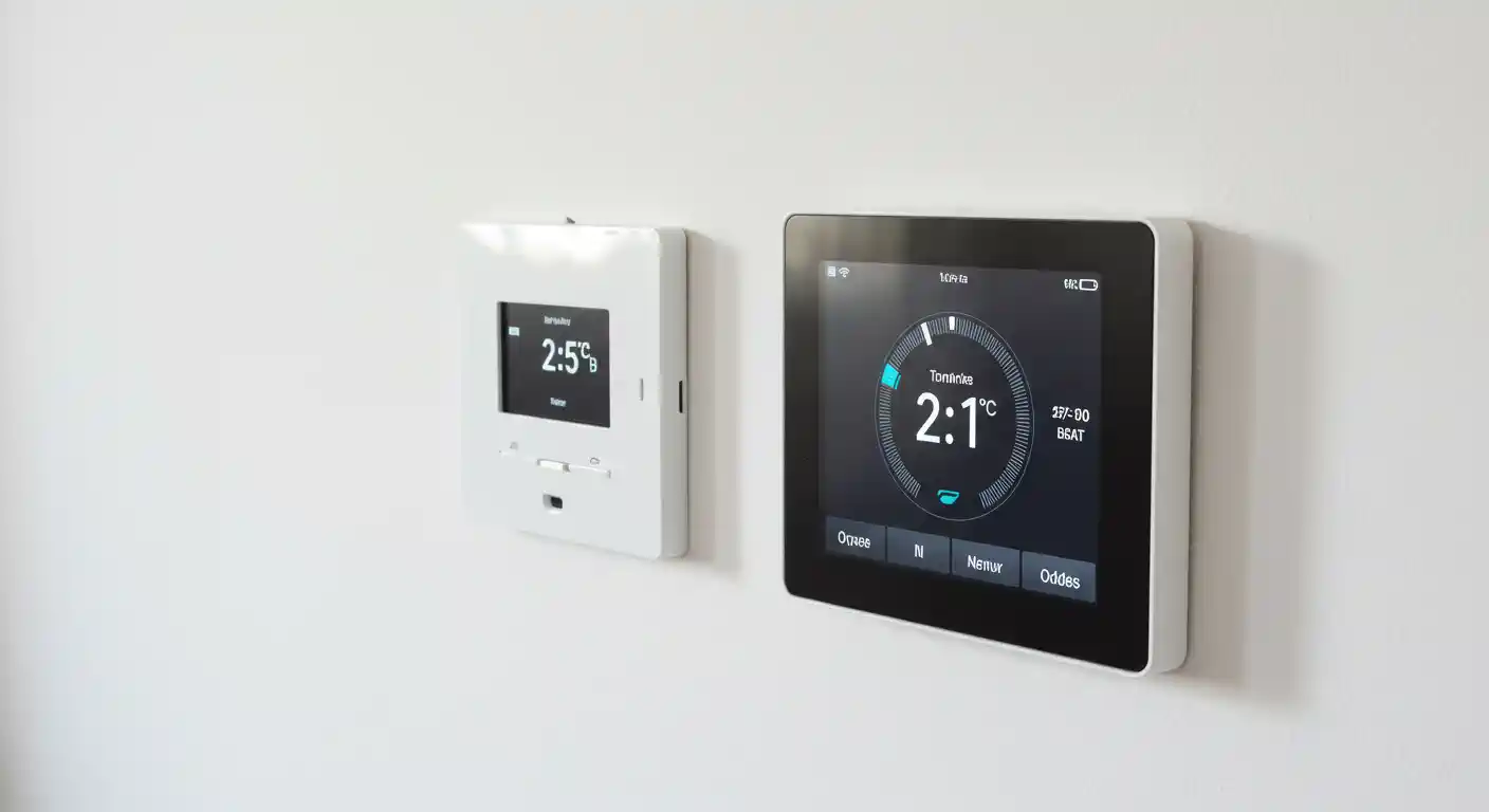 A low-angle shot of two smart thermostats mounted side-by-side on a white wall. The thermostat on the left is white with a digital display showing "25%". The thermostat on the right has a black digital touchscreen