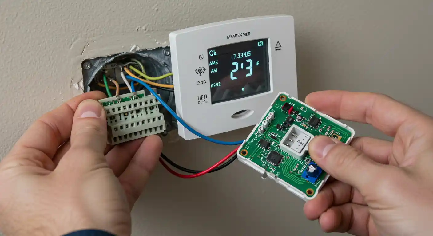 A pair of hands is installing a new white smart thermostat. One hand holds a small green circuit board with an antenna, while the other hand holds a wiring terminal block that connects to a blue wire. The main thermostat unit is already mounted on the wall, and its digital screen shows a temperature of "23" and the time "17:33". Wires are visible in the wall opening, connecting the various components. The background is a beige-colored wall.