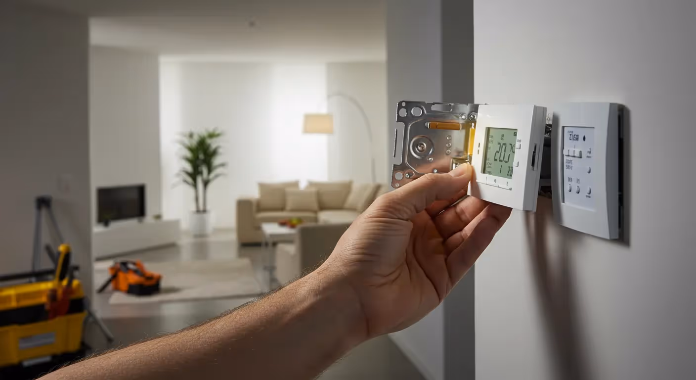 A man's arm and hand are shown in a medium close-up, eye-level shot, holding a new, white digital thermostat unit and preparing to install it on a white wall. The new unit's screen is on, displaying a temperature of "20.0°". The older, existing thermostat, also a white digital unit, is still mounted on the wall to the right. The electrical box is exposed, showing a metal frame with some internal components. The background is a modern, blurred living area with a couch, a lamp, and a plant. A yellow tool box and a vacuum cleaner are visible on the floor in the bottom left corner. The focus is sharp on the thermostats and the man's hand.