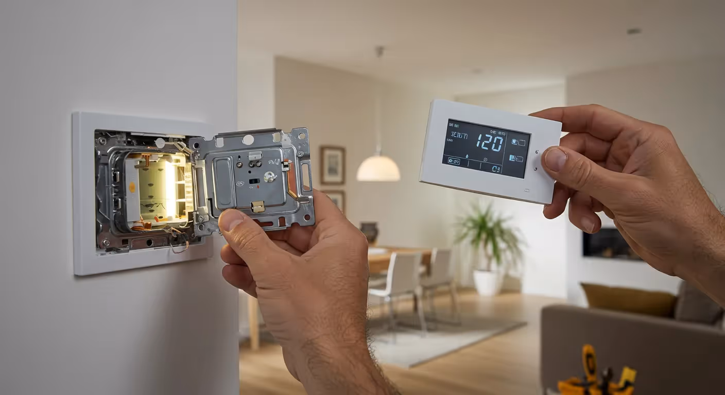 A pair of hands is shown in a close-up, eye-level shot, replacing a modern thermostat on a white wall. The left hand is holding the metal wall plate, which is currently exposed and shows the internal components with a yellow light. The right hand is holding the new, white digital thermostat unit, which has a screen displaying "12.0". The background is a bright, modern living area with a dining table, chairs, a plant, and a couch, all softly blurred. A yellow tool bag is visible in the bottom right corner. The image focuses on the hands and the thermostat, highlighting the replacement process.