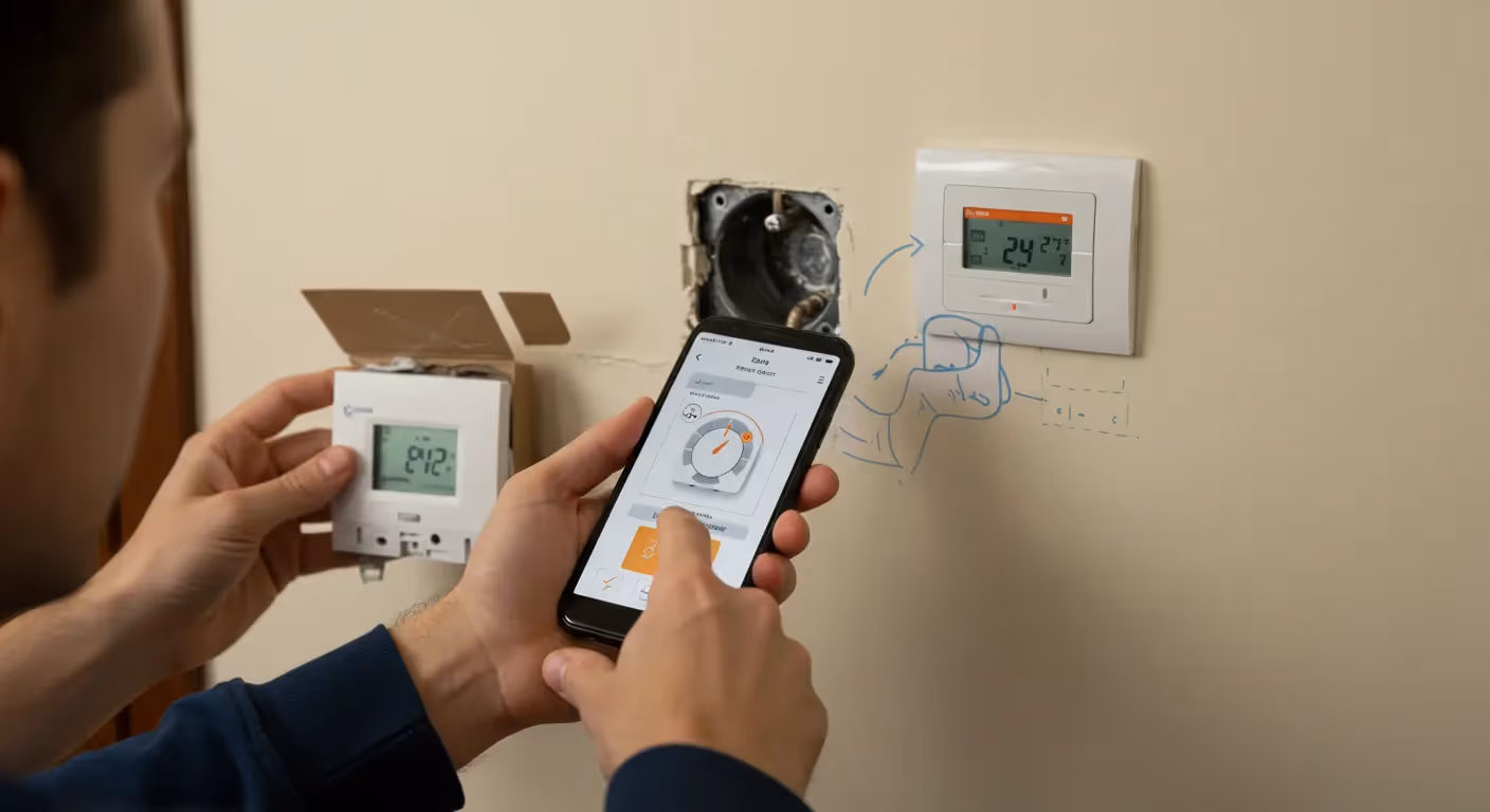  A technician is holding a smartphone, which displays a smart thermostat app interface with a circular temperature dial, as they prepare to install a new thermostat. To the right, an old white thermostat is mounted on the wall with its digital screen showing "24.7 C". A new white thermostat with a different digital display, showing "24.2 C", is held in the technician's left hand, next to an open wall box where it will be installed. Blue scribbled lines and notes are drawn on the wall, showing the planned wiring and connections.