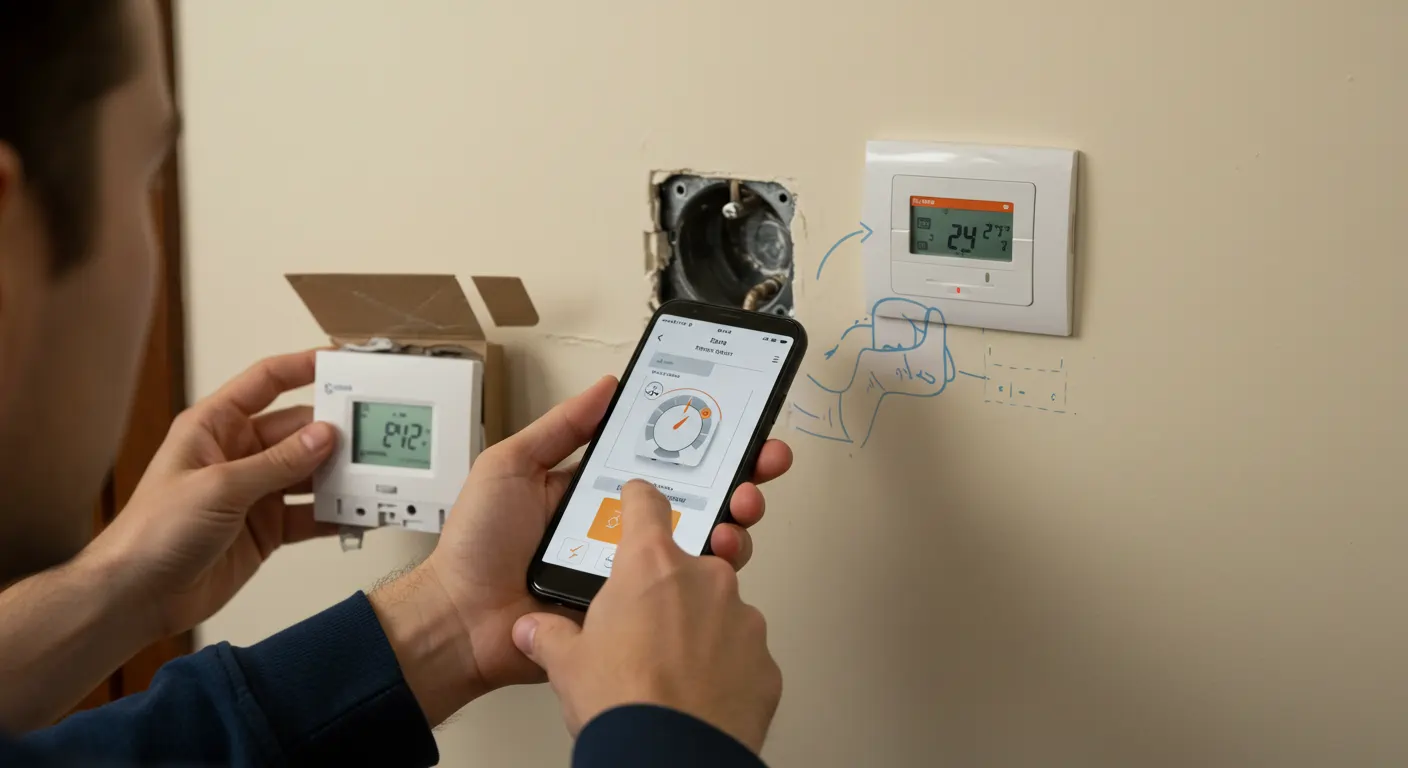  A technician is holding a smartphone, which displays a smart thermostat app interface with a circular temperature dial, as they prepare to install a new thermostat. 