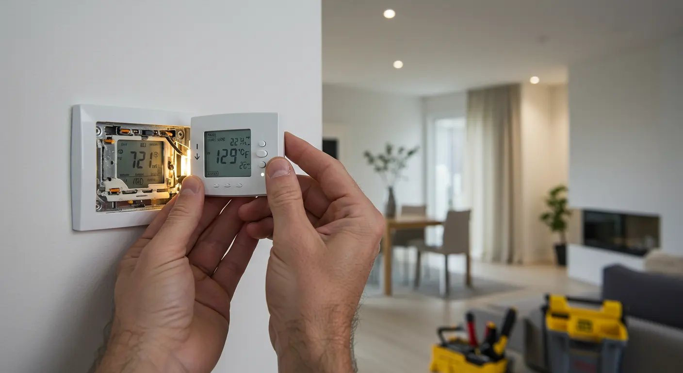  A close-up shot of a person's hands installing a white smart thermostat. The left hand holds the open backplate, which has a small light glowing and a digital display showing "72.1." The right hand holds the main thermostat unit, which shows a temperature of "29.2" and the time "1:29," as it is being connected to the wall. In the blurred background, a modern living space with a dining table and a sofa is visible, along with a yellow toolbox on the floor.
