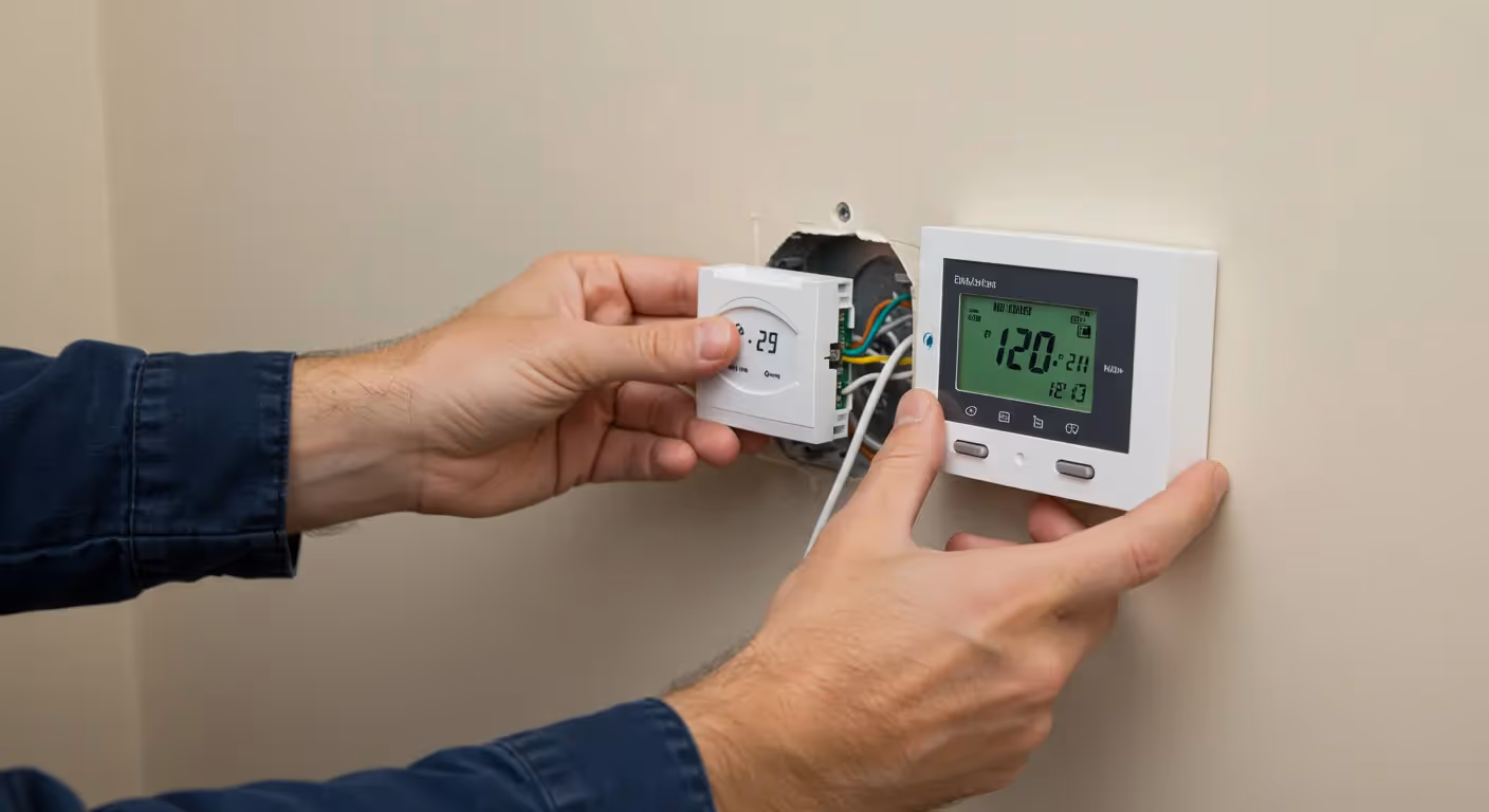  A technician wearing a dark blue shirt is installing a new white smart thermostat on a light beige wall. The technician holds the smaller, new thermostat unit in their left hand