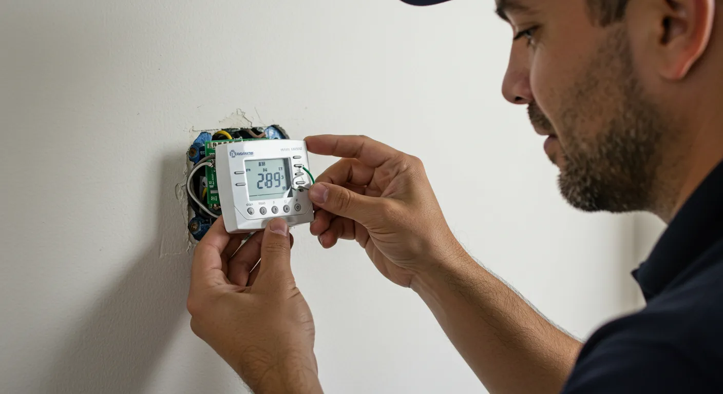  A close-up, eye-level shot shows a man installing a modern, digital thermostat on a white wall. The thermostat is square, white, and has a small digital screen that displays a temperature of "68" with a degree symbol. The man, wearing a blue shirt and a baseball cap, is holding the thermostat with both hands and is carefully connecting green wires to the back of the unit. The wall around the thermostat is slightly scuffed and discolored, showing a previous installation. The focus is sharp on the man's hands and the thermostat, with the rest of the image slightly blurred.