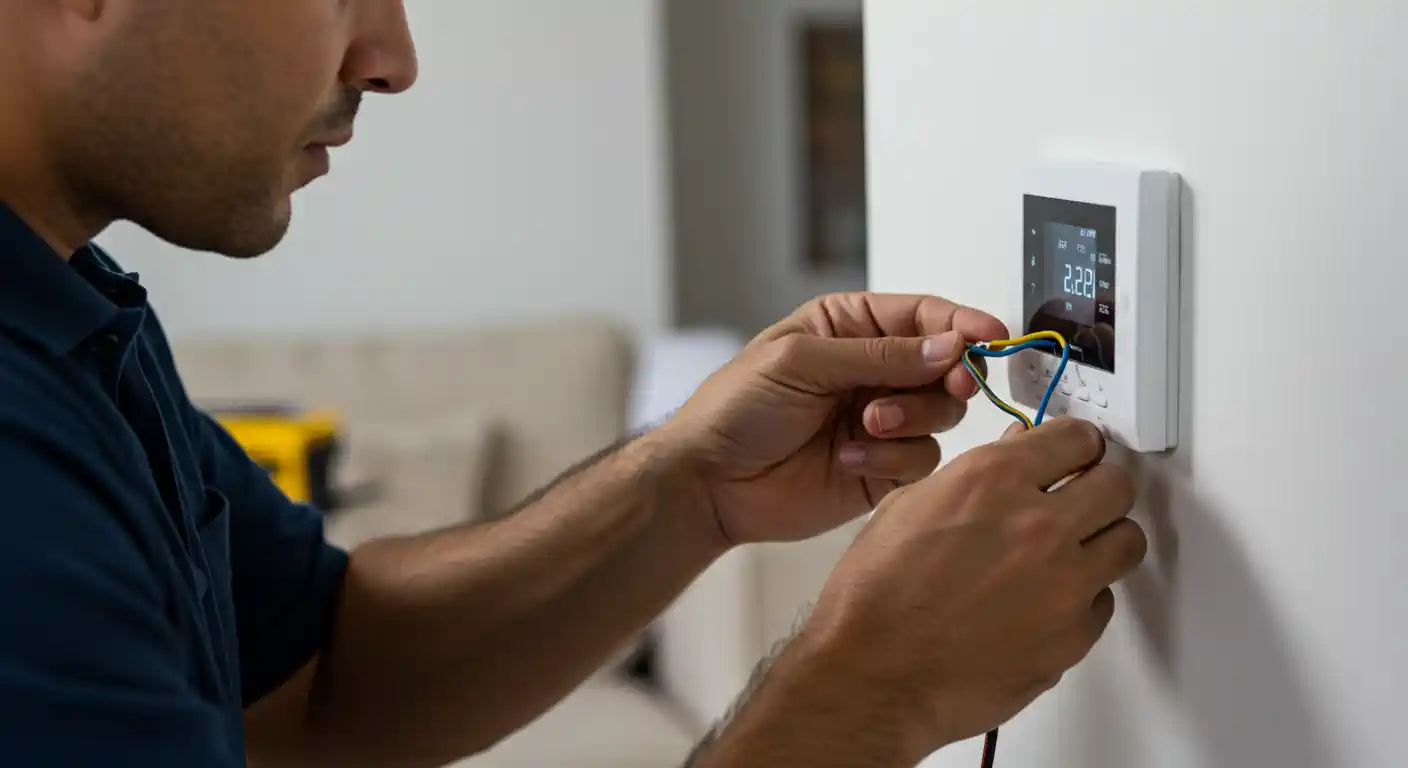  A side-view, medium close-up shot shows a man with a slight beard wearing a dark blue shirt and installing a white, modern, smart thermostat on a white wall. He is holding a bunch of colored wires