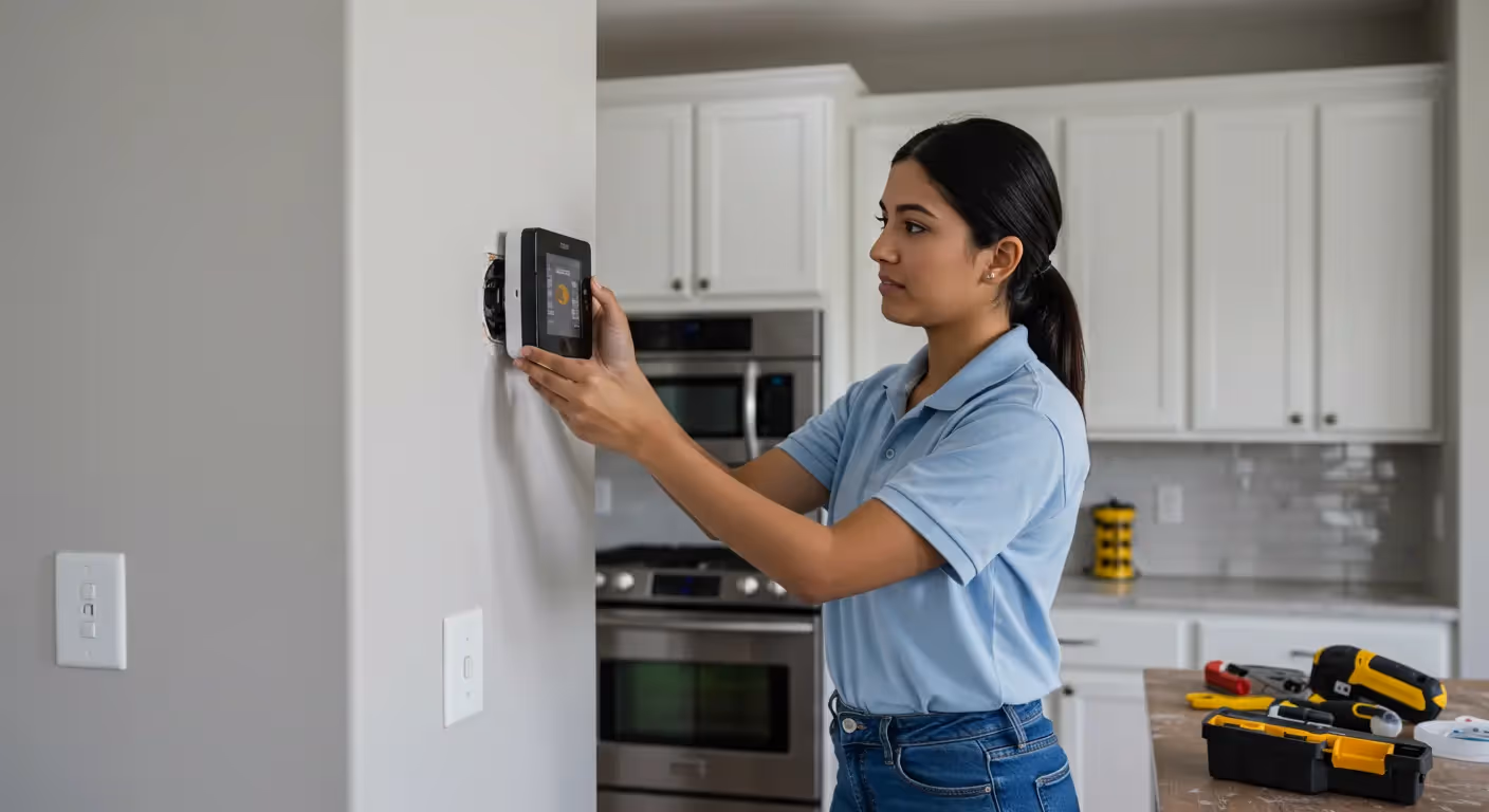  A side-view, medium shot shows a woman with dark hair in a ponytail, wearing a light blue polo shirt and jeans. She is carefully installing a black smart thermostat on a light gray wall in what appears to be a kitchen 