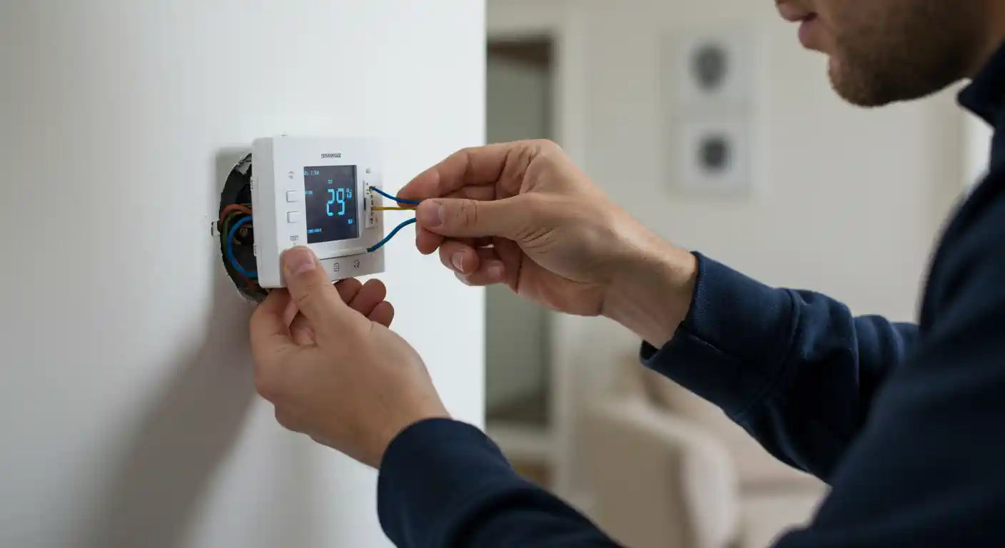  A close-up shot from the side shows a man in a dark blue sweater installing a white, square thermostat on a white wall. He is holding a yellow and blue wire in his right hand, feeding them into the back of the thermostat.
