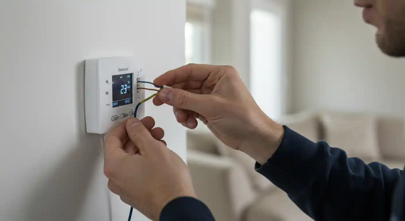 A side-view, close-up shot shows a man with a beard wearing a dark blue long-sleeve shirt installing a white, modern thermostat on a clean white wall. He is using both hands to connect a bundle of colored wires