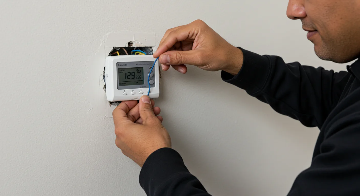  A side view shows a person with a dark complexion and a black jacket, carefully connecting blue and yellow wires to a white digital thermostat. 
