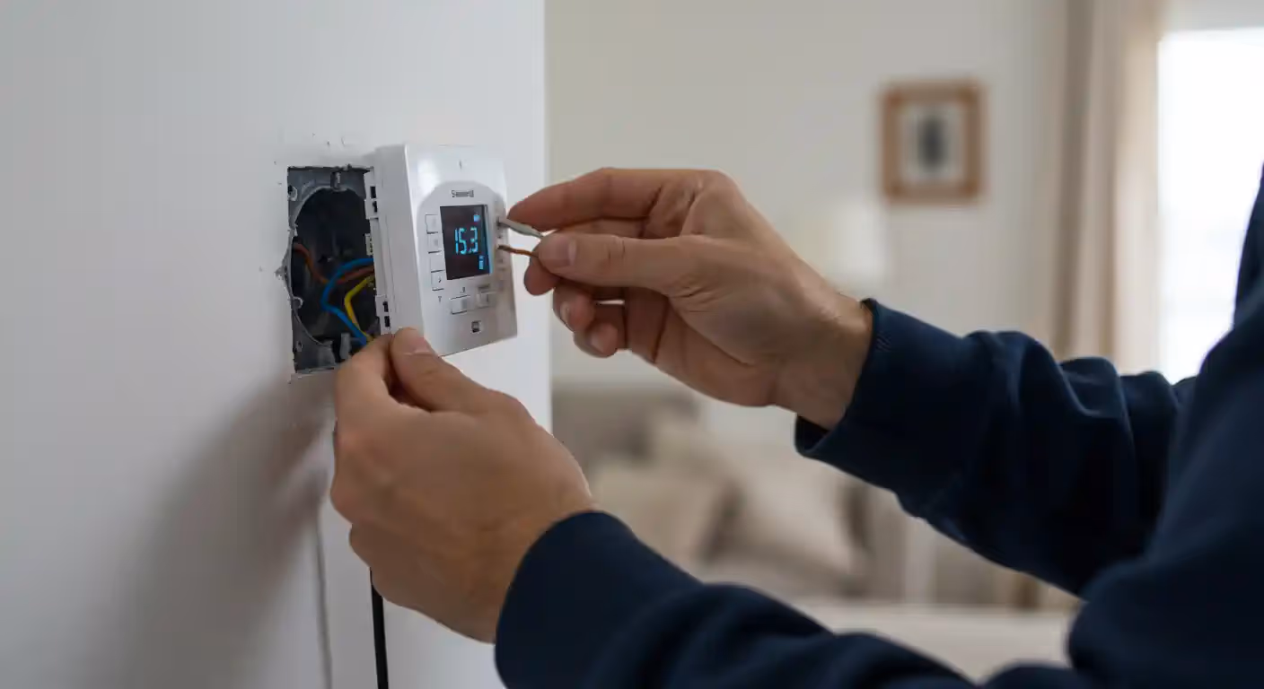  A medium close-up shot shows a man's hands installing a white, modern thermostat on a white wall. He is wearing a dark blue long-sleeve shirt and is using both hands to connect wires to the back of the unit.