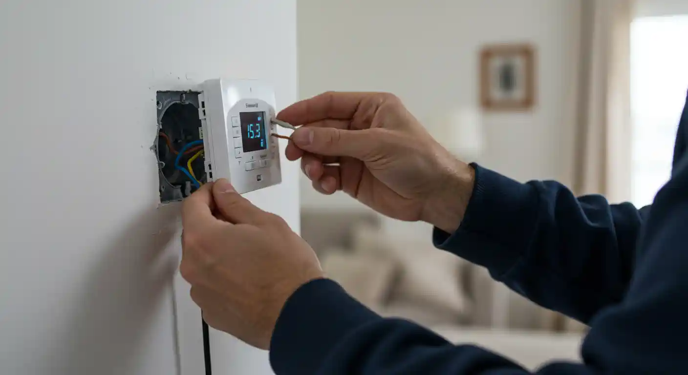  A medium close-up shot shows a man's hands installing a white, modern thermostat on a white wall. He is wearing a dark blue long-sleeve shirt and is using both hands to connect wires to the back of the unit. The thermostat's digital screen is on, displaying "15:3°" with a degree symbol. The electrical box in the wall is exposed, showing a red, yellow, and blue wire. The background is blurred, showing a living room with a picture frame on the wall and a lamp. The lighting is bright and soft, and the focus is sharp on the hands and the thermostat.