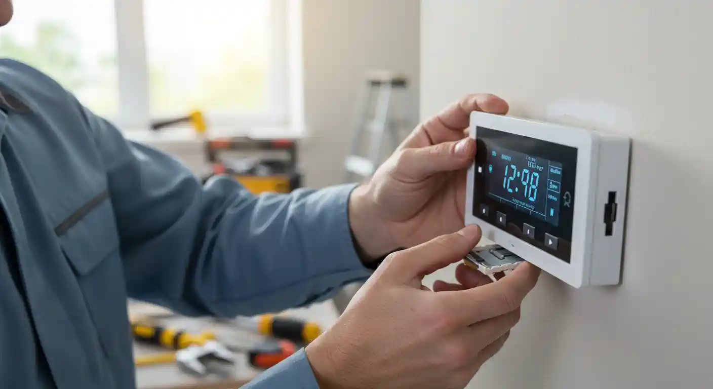  A man wearing a light blue work shirt is shown in a medium close-up shot, installing a sleek, modern, white smart thermostat with a black touchscreen. The thermostat is mounted on a light gray wall