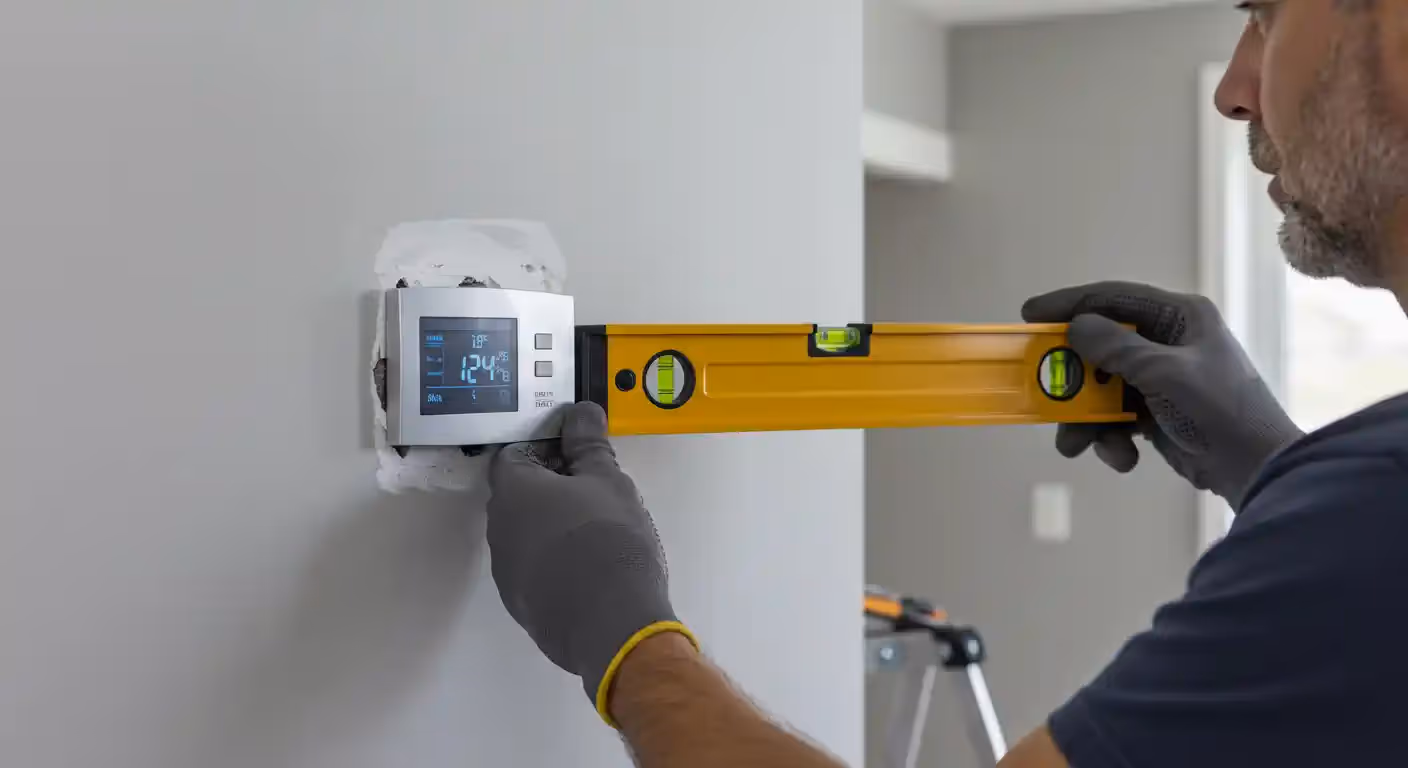  A side-view, medium close-up shot shows a man with a beard, wearing a dark shirt and gray work gloves, installing a white digital thermostat on a light gray wall. He is holding a bright yellow spirit level to the side of the thermostat 