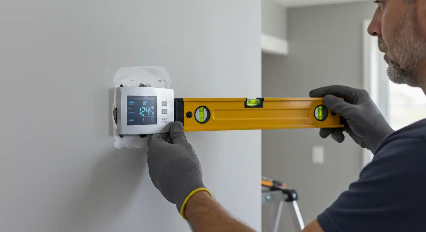 A side-view, medium close-up shot shows a man with a beard, wearing a dark shirt and gray work gloves, installing a white digital thermostat on a light gray wall. He is holding a bright yellow spirit level to the side of the thermostat