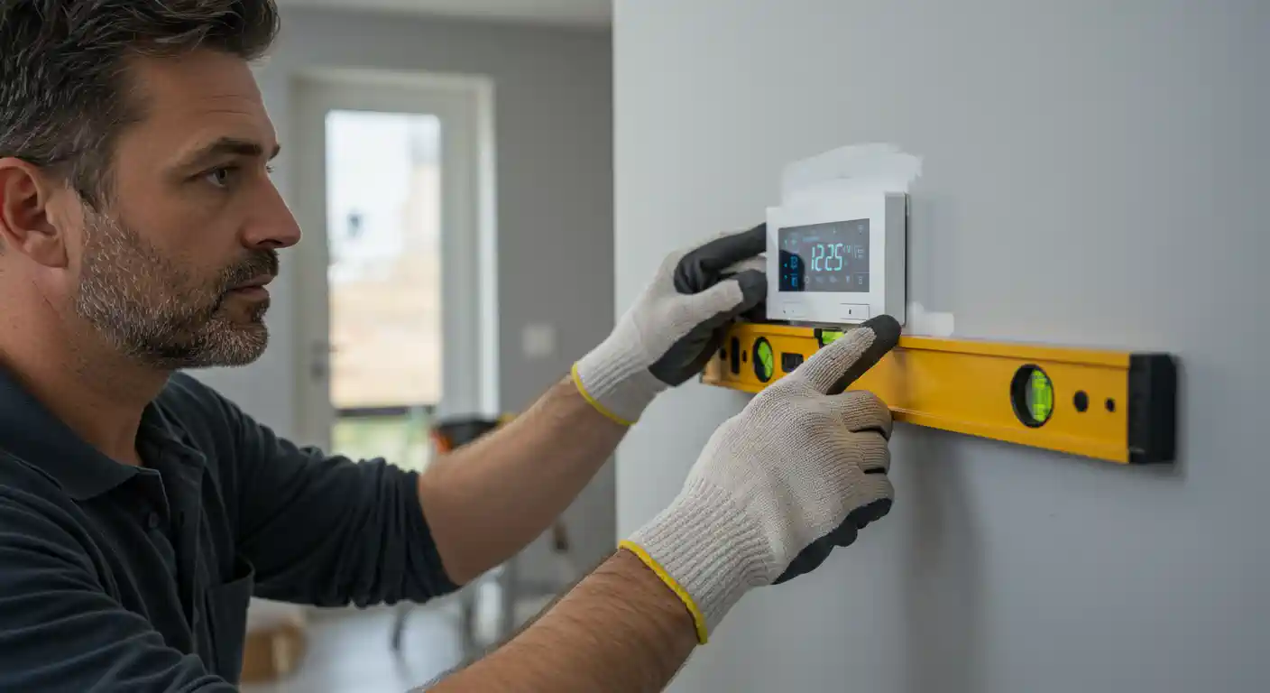 A side-view, medium close-up shot shows a man with short, graying hair and a beard, wearing a dark gray polo shirt and white and gray work gloves. He is installing a white, modern digital thermostat on a light gray wall. He is using a bright yellow spirit level, holding it below the thermostat to check if it's level. The thermostat's screen is on, displaying the time "12:25". The background is blurred, showing a doorway and a window. The focus is sharp on the man's hands, the thermostat, and the level, emphasizing the care he is taking with the installation.