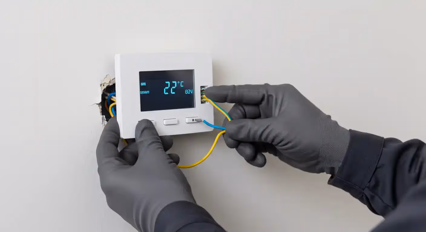 A technician wearing a dark blue shirt is installing a new white smart thermostat on a light beige wall. The technician holds the smaller, new thermostat unit in their left hand, which has a small screen displaying the time, as they connect it to the wiri