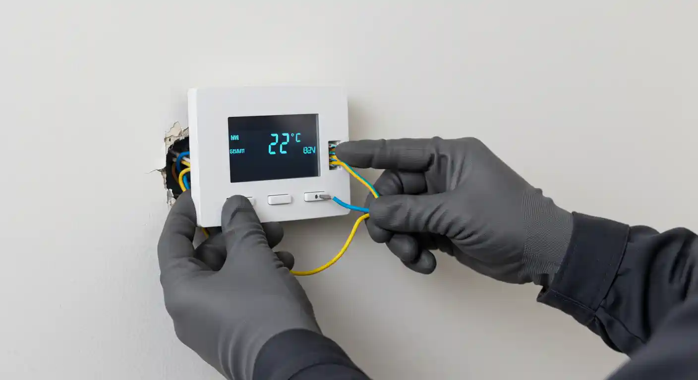  A pair of hands, protected by grey gloves, is installing a white digital thermostat on a white wall. The person is holding the thermostat with one hand and using the other to connect yellow and blue wires to the device. The thermostat's screen shows a temperature of 22 degrees Celsius and a time of 02.14.