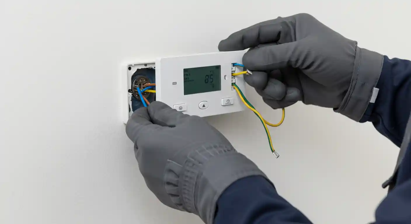A close-up, eye-level shot focuses on a person's hands wearing dark gray gloves, installing a white, rectangular digital thermostat on a light gray wall. The hands are connecting a yellow and a blue wire to the back of the thermostat. The thermostat's screen is on, displaying a large temperature of "22°C" in blue text. The wall around the electrical box is visibly damaged, with a small hole. The background is a clean, featureless wall, placing all the attention on the installation process.