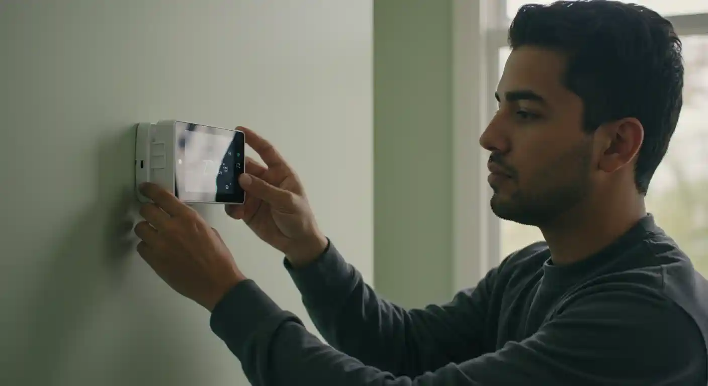 A side-view, medium close-up shot shows a man with a beard and dark hair, wearing a dark gray long-sleeve shirt, installing a sleek, modern, white thermostat with a black screen on a light green wall.