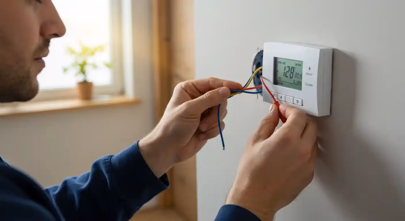 A medium close-up shot from the side shows a man with a beard, wearing a dark blue long-sleeve shirt, installing a white digital thermostat on a gray wall. He is holding a bundle of colored wires, including yellow, blue, and red